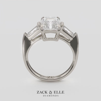 3.50 Ct Radiant Cut D VS1 Diamond Three Stone Ring With Tapered Baguettes, in white gold, 360 spin