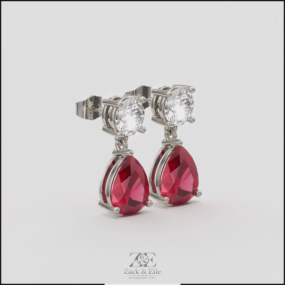 6.00 Ct Pear Ruby Lab-Grown Diamond Drop Earrings, in white gold, 360 spin