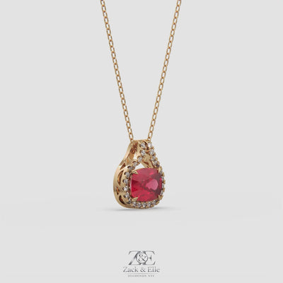 2.20 Ct Cushion Ruby Diamond East West Pendant, in yellow gold, 360 spin