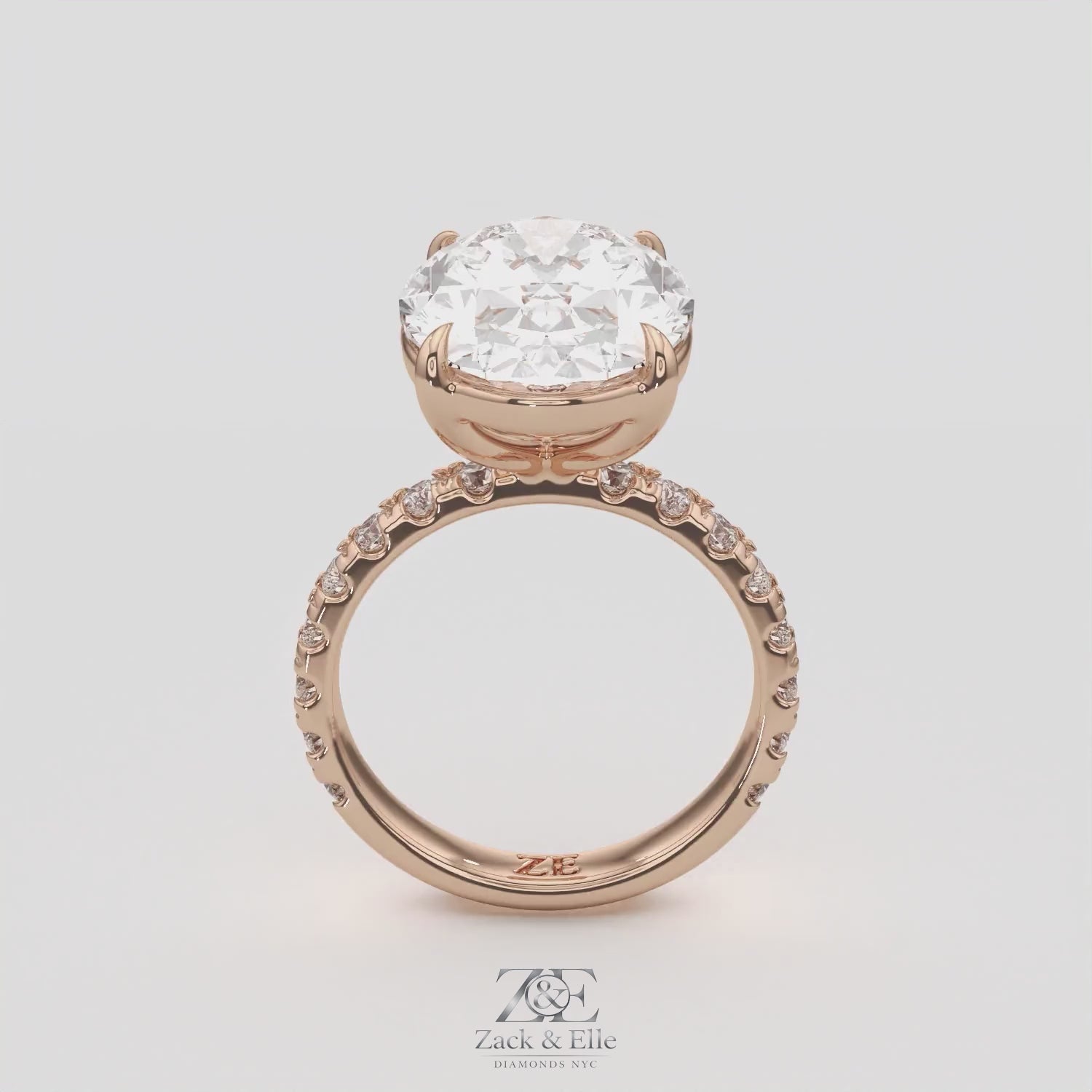 7.60 Ct F VS1 Oval Lab Grown Diamond Ring With Pavé Diamonds, in white gold, 360 spin