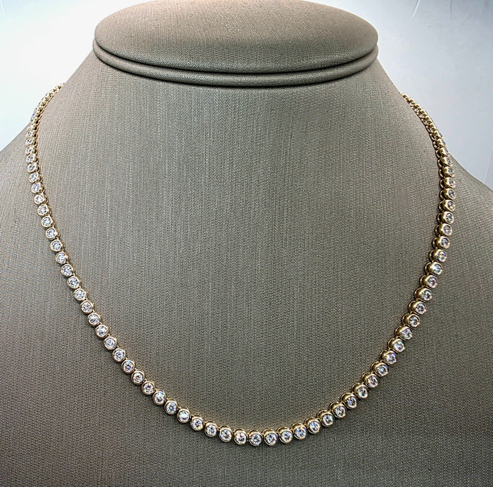 11 carat bezel set round brilliant lab grown diamond tennis necklace in 14K yellow gold, 17 inch length