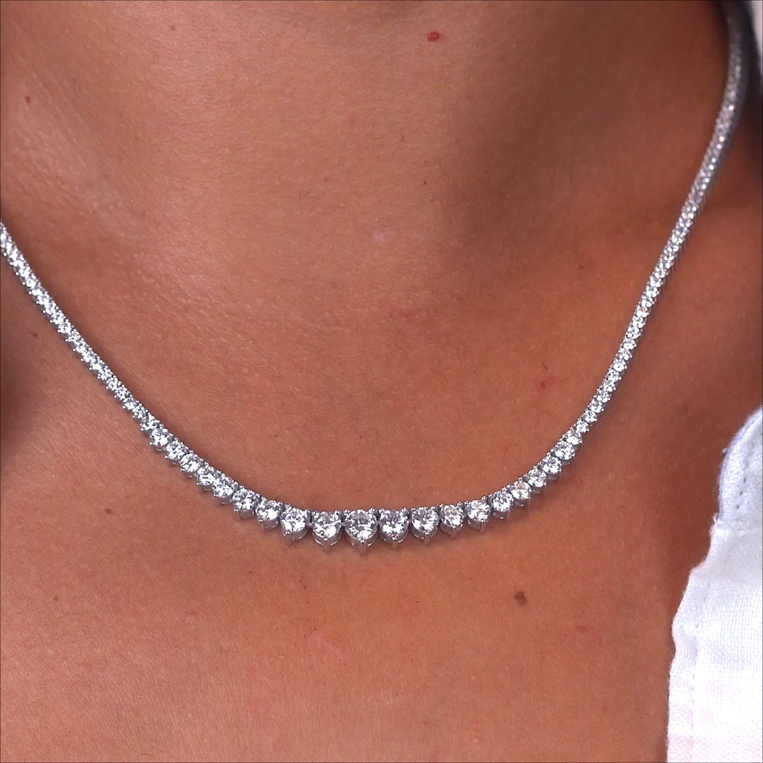 Graduated lab grown diamond tennis necklace on the neck, 14K white gold, 16 inch length