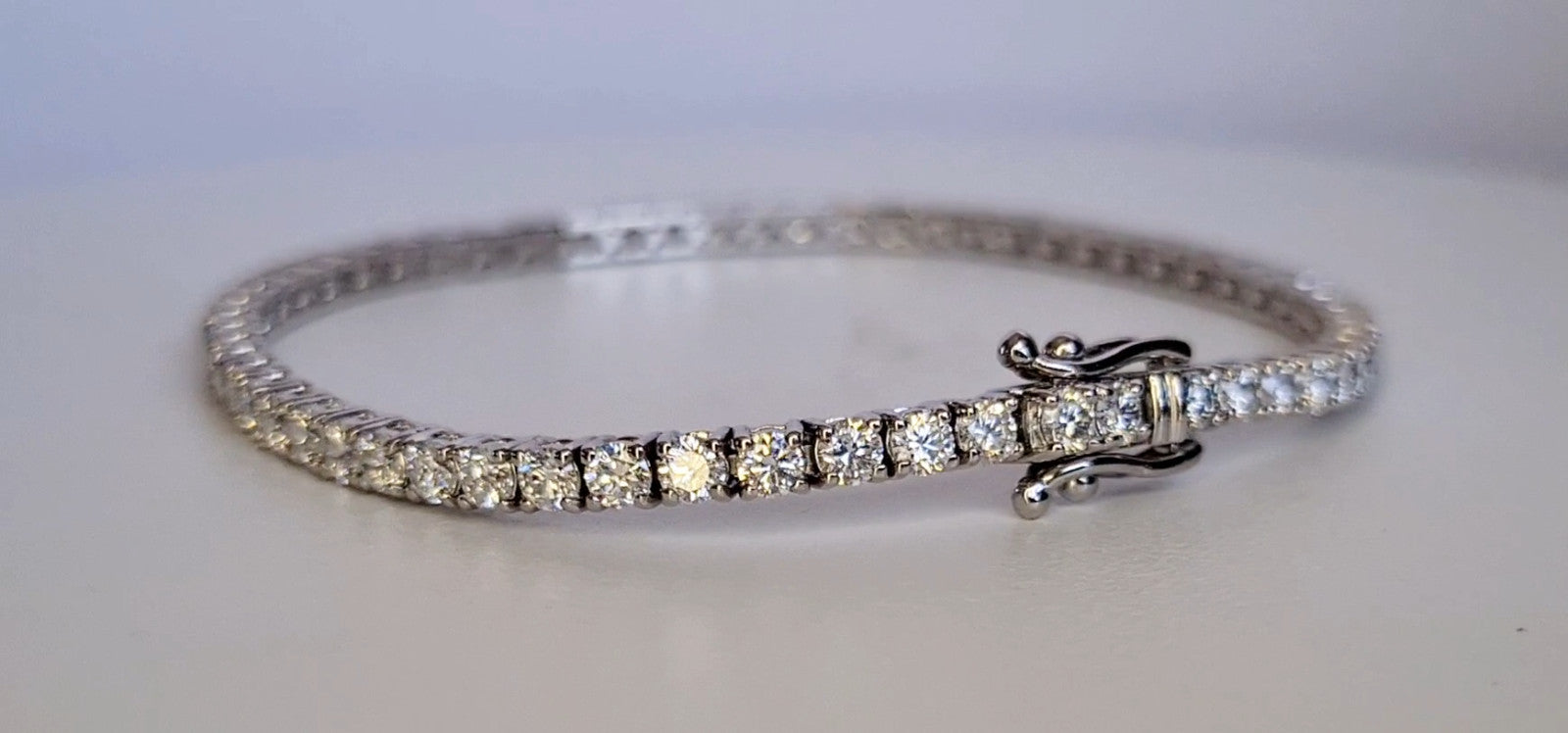 5 carat lab grown diamond tennis bracelet in 14K white gold showing the box clasp and safety catch