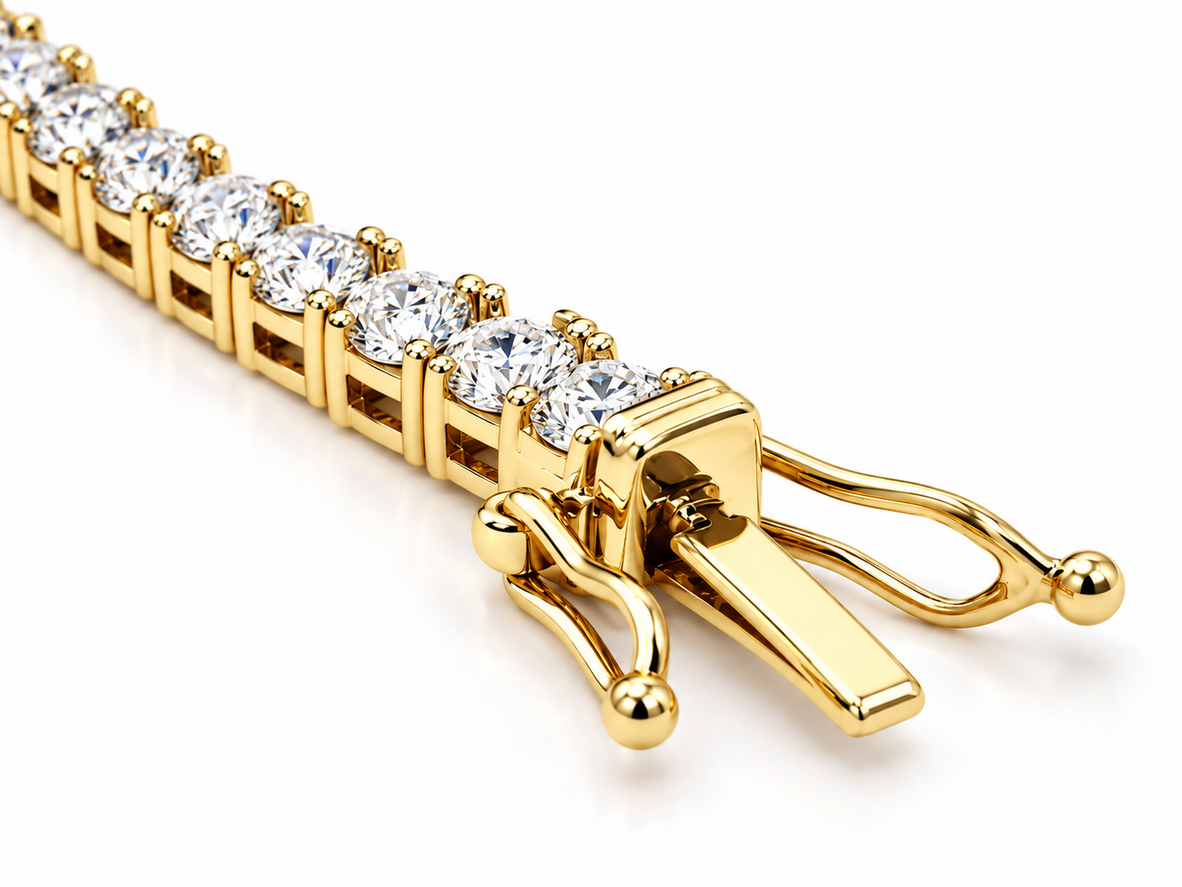 10.00 Ct D-E VS1 Round Lab-Grown Diamond Tennis Necklace, in yellow gold, detail shot