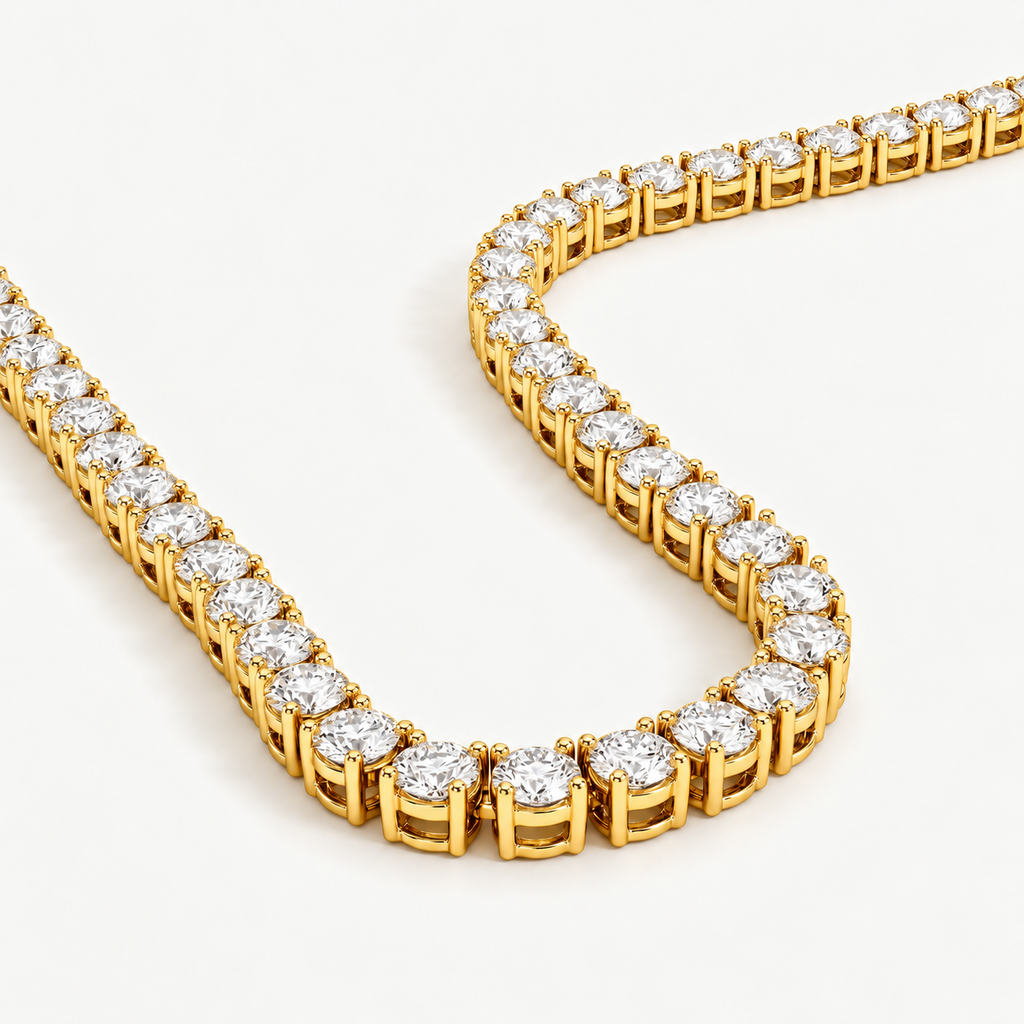 10.00 Ct D-E VS1 Round Lab-Grown Diamond Tennis Necklace, in yellow gold, front view