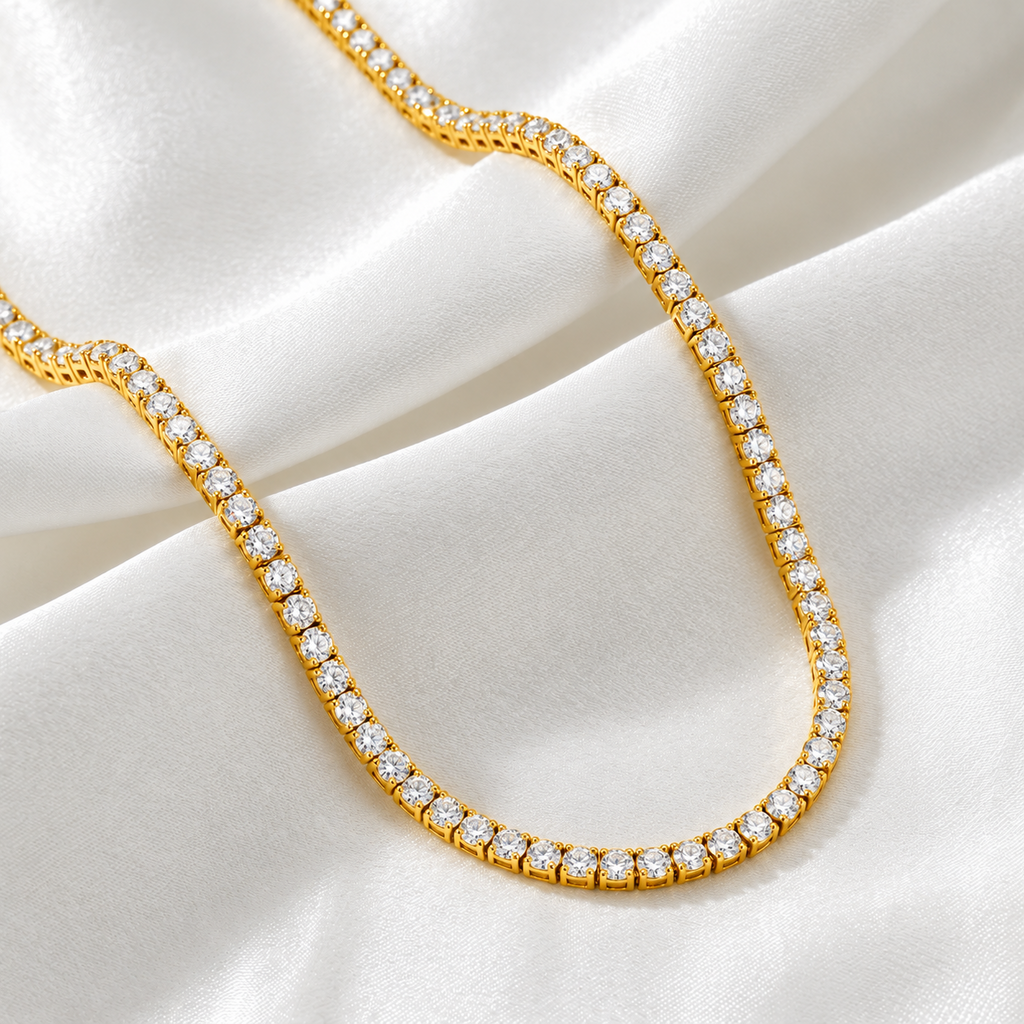 10.00 Ct D-E VS1 Round Lab-Grown Diamond Tennis Necklace, in yellow gold, top view