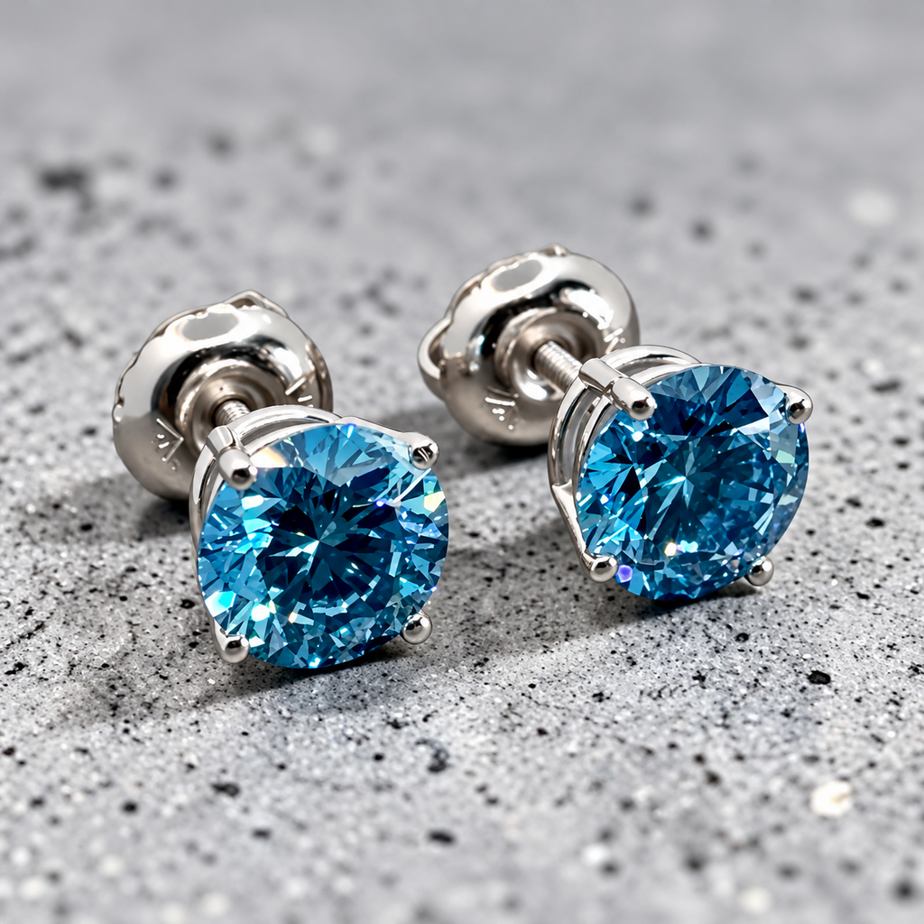 1.00 Ct Fancy Blue VS Round Brilliant Lab-Grown Diamond Stud Earrings, in white gold, front view