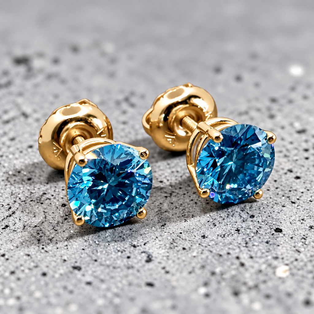 1.00 Ct Fancy Blue VS Round Brilliant Lab-Grown Diamond Stud Earrings, in yellow gold, front view
