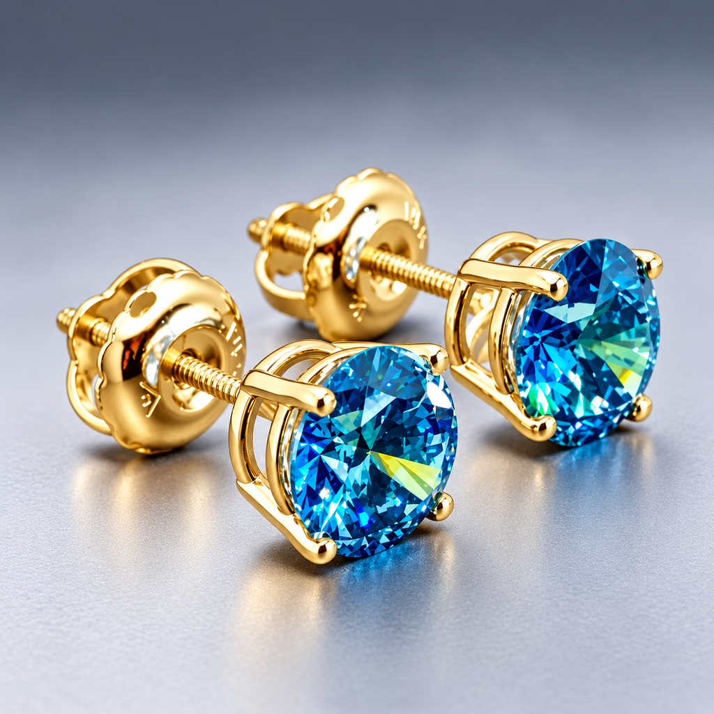 1.00 Ct Fancy Blue VS Round Brilliant Lab-Grown Diamond Stud Earrings, in yellow gold, front view