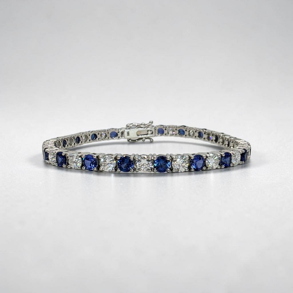 10.00 CTW Round Blue Sapphire and Diamond Tennis Bracelet, in white gold, front view