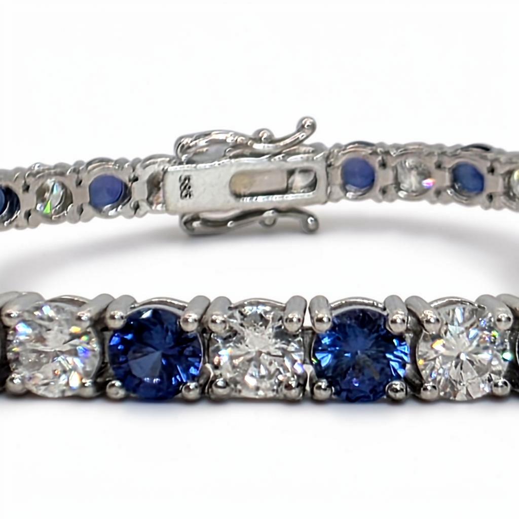 10.00 CTW Round Blue Sapphire and Diamond Tennis Bracelet, in white gold, front view