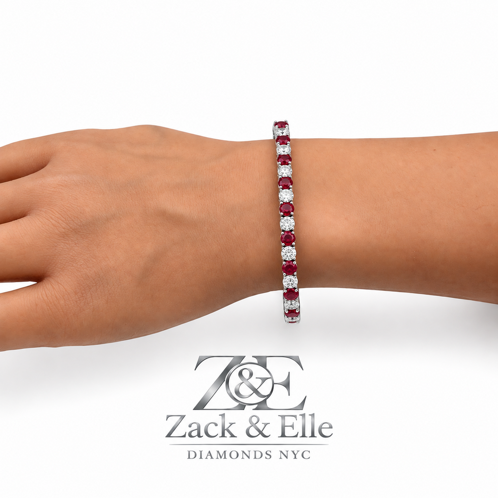 10.00 CTW Round Ruby and Diamond Alternating Tennis Bracelet, in white gold, on hand