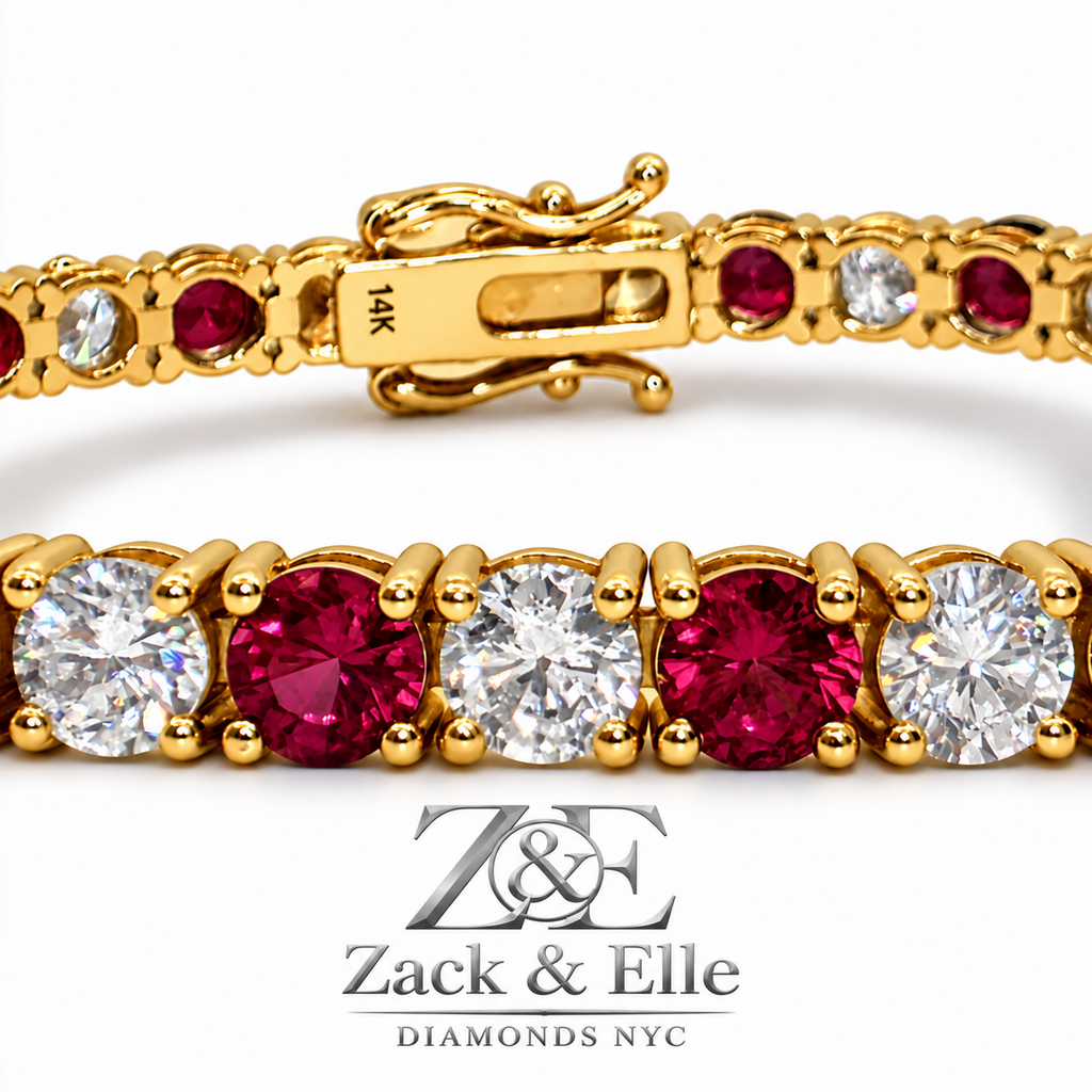 10.00 CTW Round Ruby and Diamond Alternating Tennis Bracelet, in yellow gold, front view