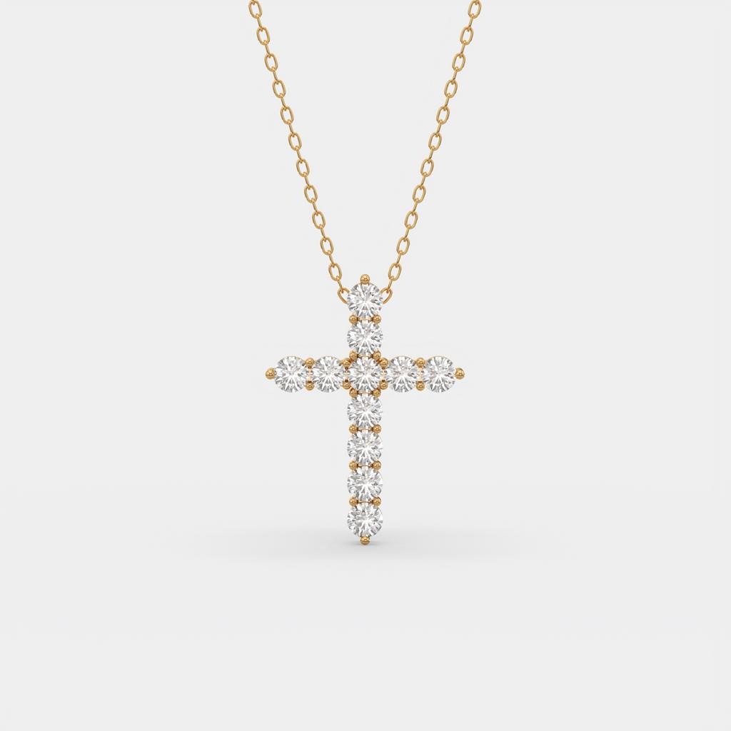 11.00 Ct D VS1 Round Lab-Grown Diamond Cross Pendant, in yellow gold, front view
