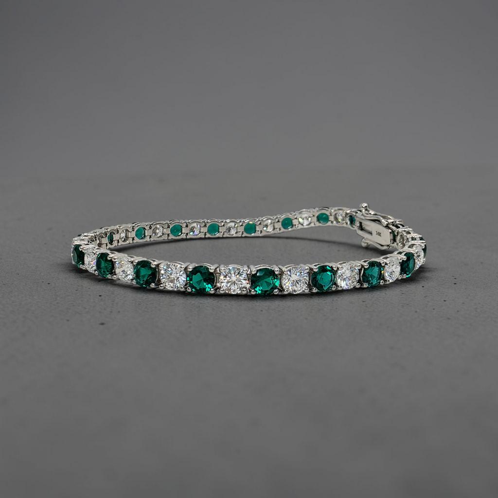 11.00 CTW D VS Round Lab-Grown Diamond and Emerald Alternating Tennis Bracelet, in white gold, top view