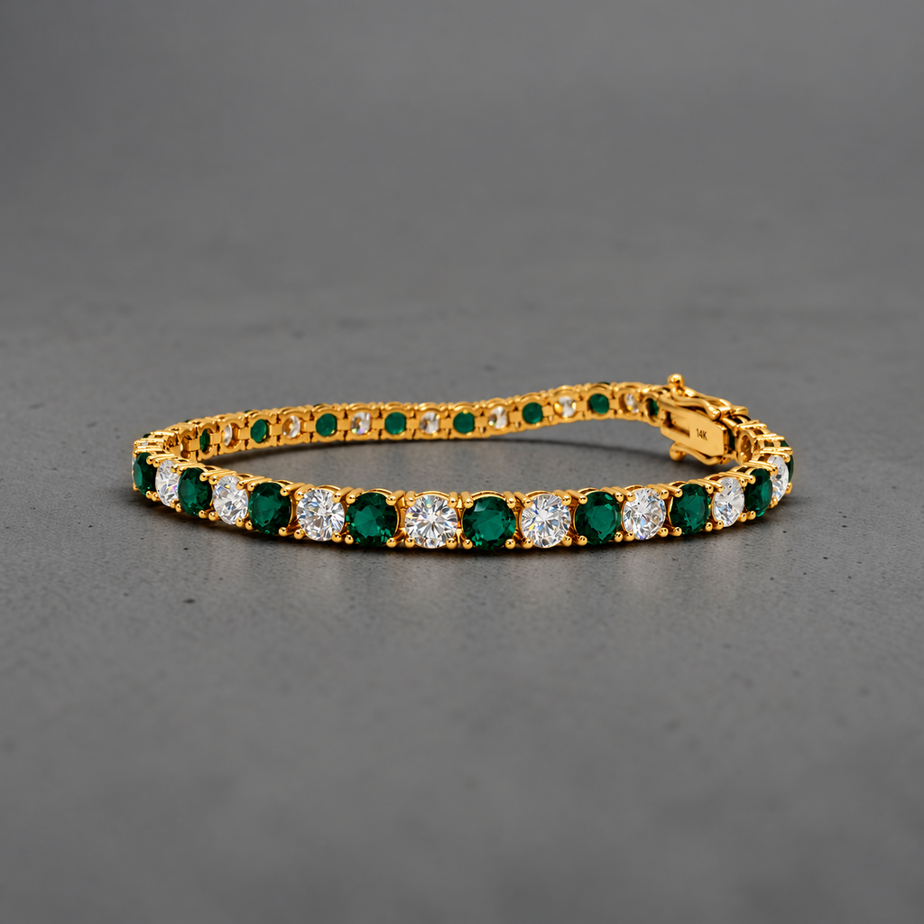 11.00 CTW D VS Round Lab-Grown Diamond and Emerald Alternating Tennis Bracelet, in yellow gold, front view
