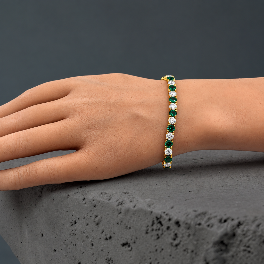 11.00 CTW D VS Round Lab-Grown Diamond and Emerald Alternating Tennis Bracelet, in yellow gold, on hand