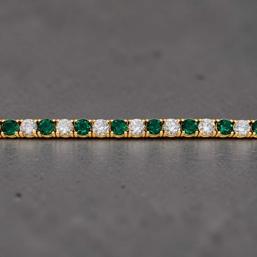 11.00 CTW D VS Round Lab-Grown Diamond and Emerald Alternating Tennis Bracelet, in yellow gold, side profile