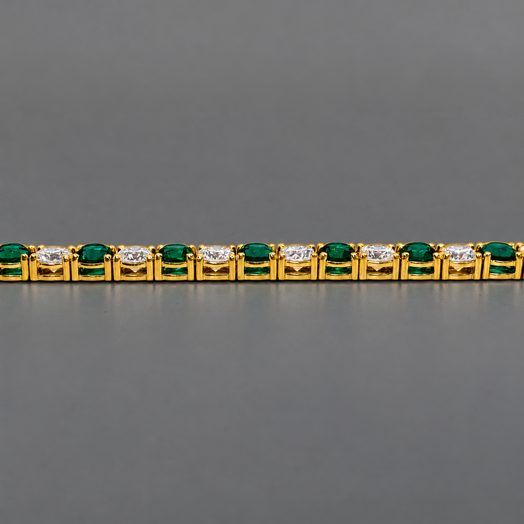 11.00 CTW D VS Round Lab-Grown Diamond and Emerald Alternating Tennis Bracelet, in yellow gold, side profile