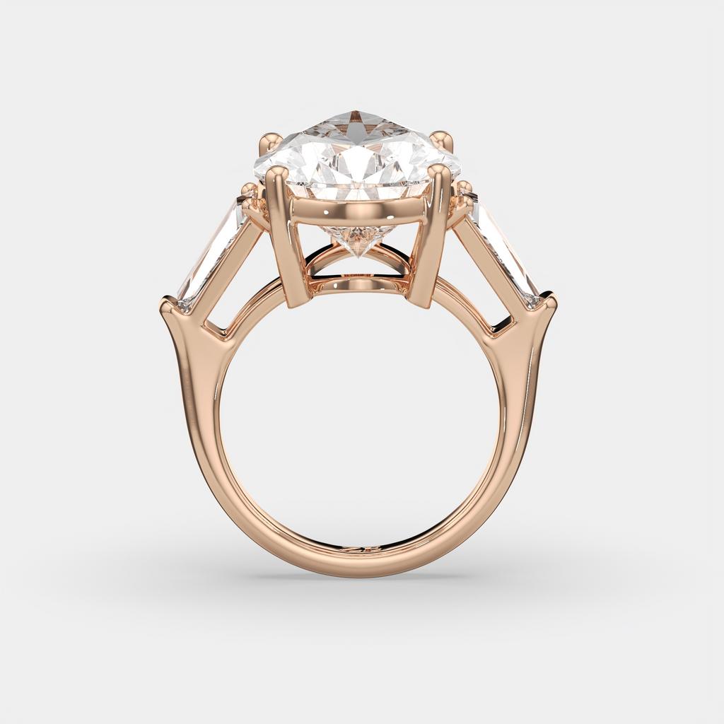 11.50 Ct F Color VS1 Pear Shape Diamond Three Stone Ring With Tapered Baguettes, in rose gold, side profile