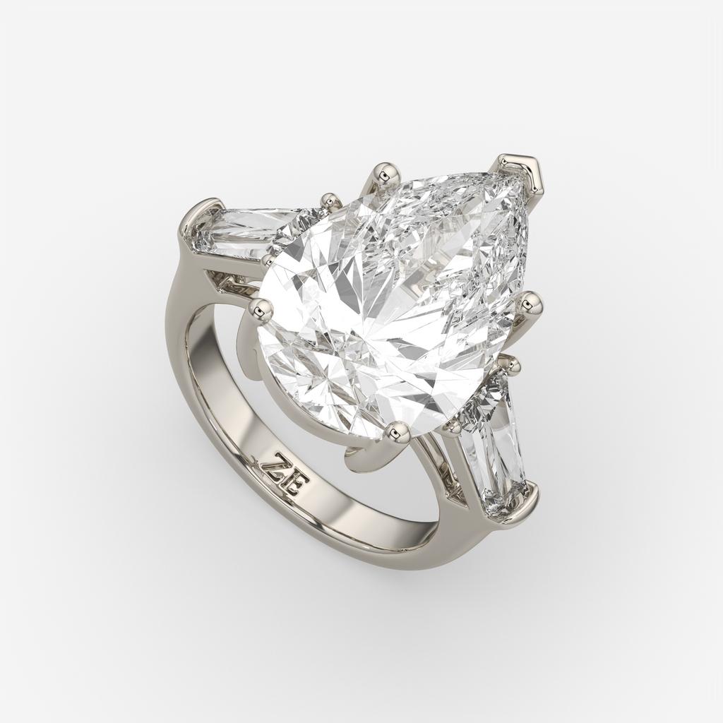 11.50 Ct F Color VS1 Pear Shape Diamond Three Stone Ring With Tapered Baguettes, in white gold, front view