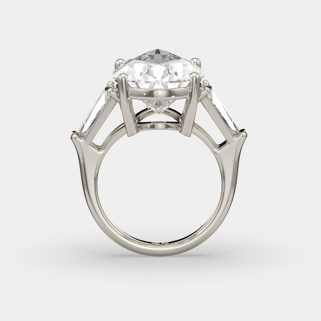 11.50 Ct F Color VS1 Pear Shape Diamond Three Stone Ring With Tapered Baguettes, in white gold, side profile