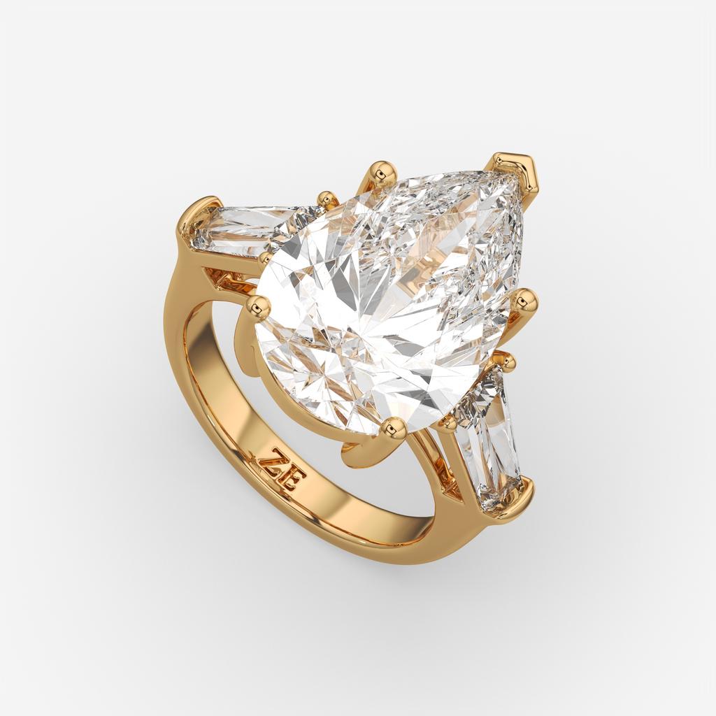 11.50 Ct F Color VS1 Pear Shape Diamond Three Stone Ring With Tapered Baguettes, in yellow gold, front view