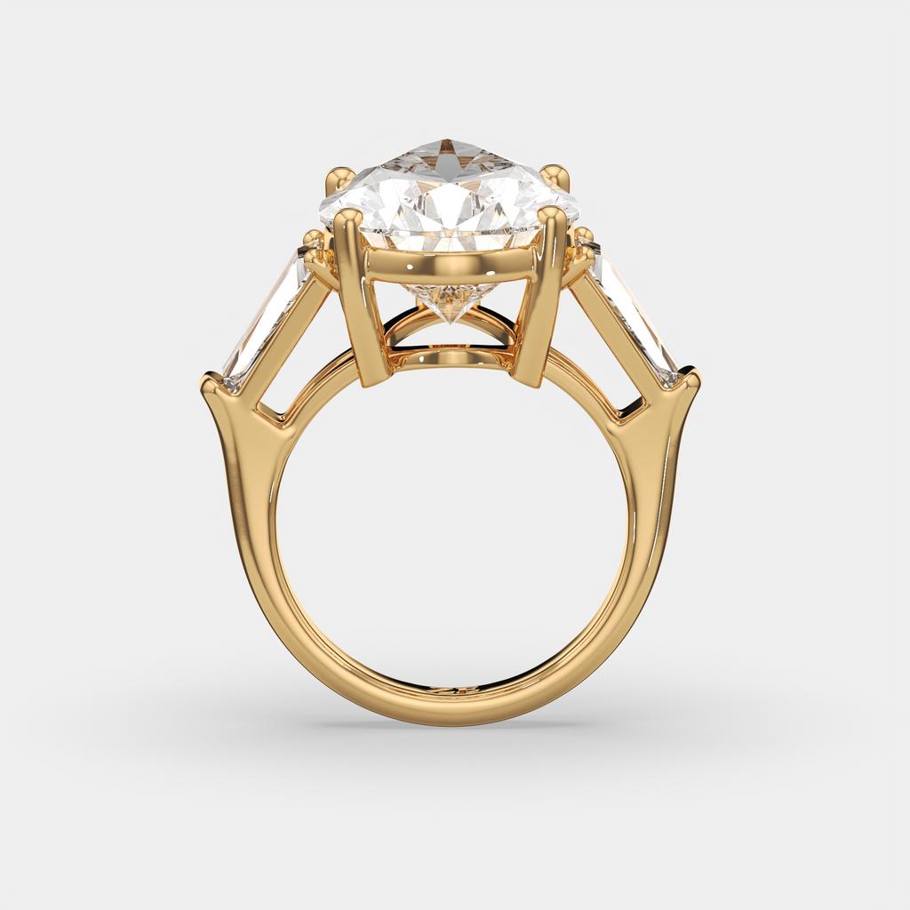 11.50 Ct F Color VS1 Pear Shape Diamond Three Stone Ring With Tapered Baguettes, in yellow gold, side profile