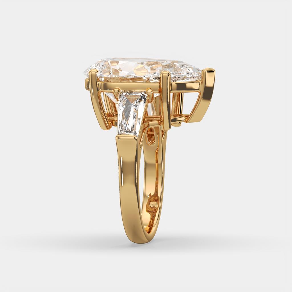 11.50 Ct F Color VS1 Pear Shape Diamond Three Stone Ring With Tapered Baguettes, in yellow gold, side profile