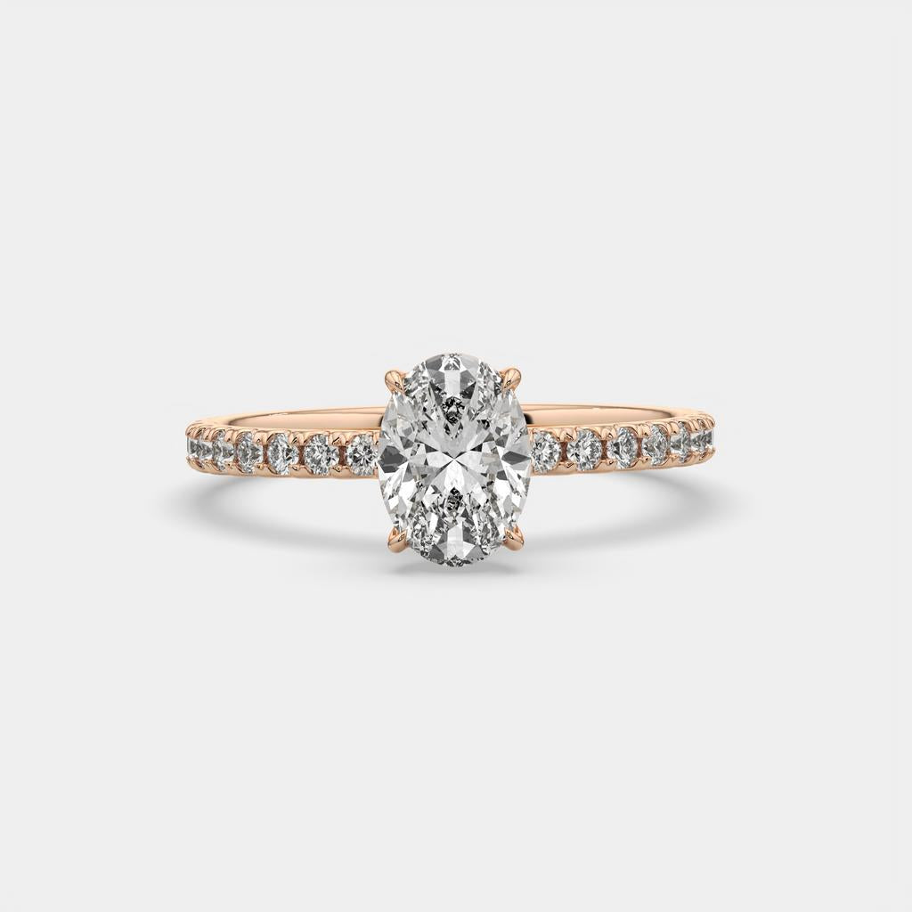 1.30 Ct D VS1 Oval Lab-Grown Diamond Ring with Round Accents, in rose gold, front view