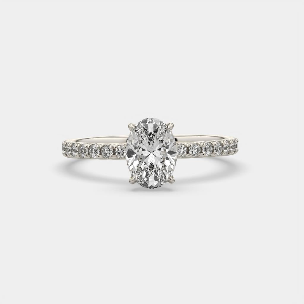1.30 Ct D VS1 Oval Lab-Grown Diamond Ring with Round Accents, in white gold, front view