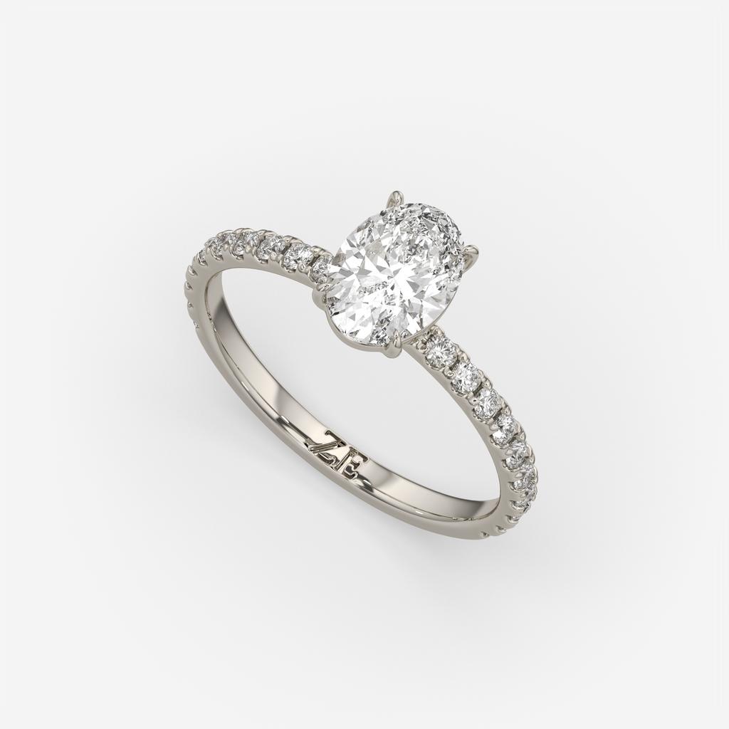 1.30 Ct D VS1 Oval Lab-Grown Diamond Ring with Round Accents, in white gold, front view