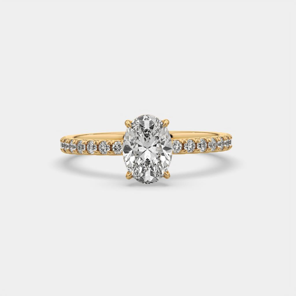 1.30 Ct D VS1 Oval Lab-Grown Diamond Ring with Round Accents, in yellow gold, front view