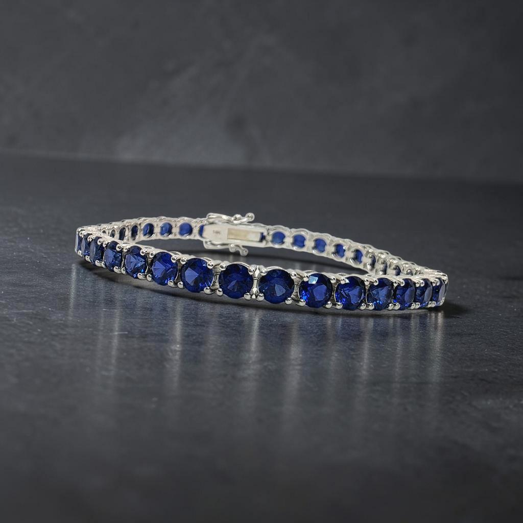 16 CTW Round Blue Sapphire Tennis Bracelet, in white gold, front view