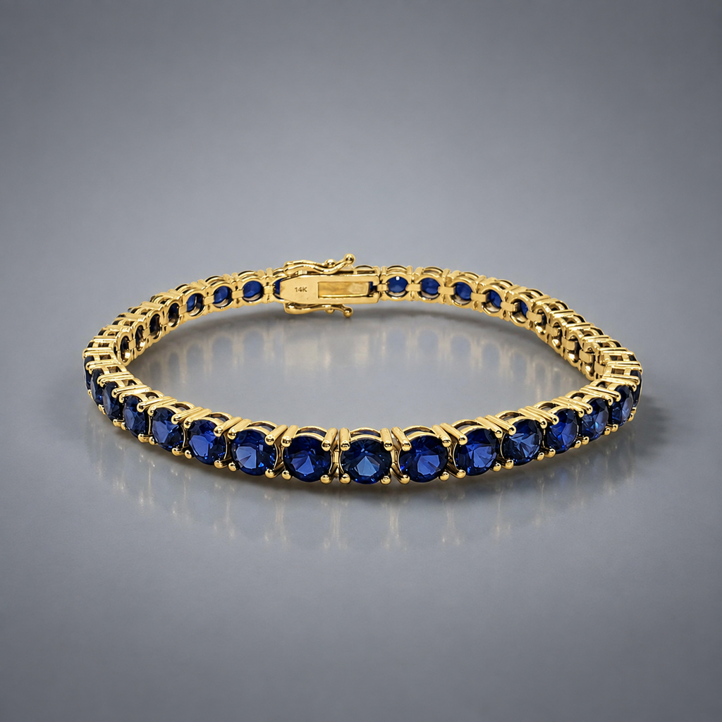 16 CTW Round Blue Sapphire Tennis Bracelet, in yellow gold, front view