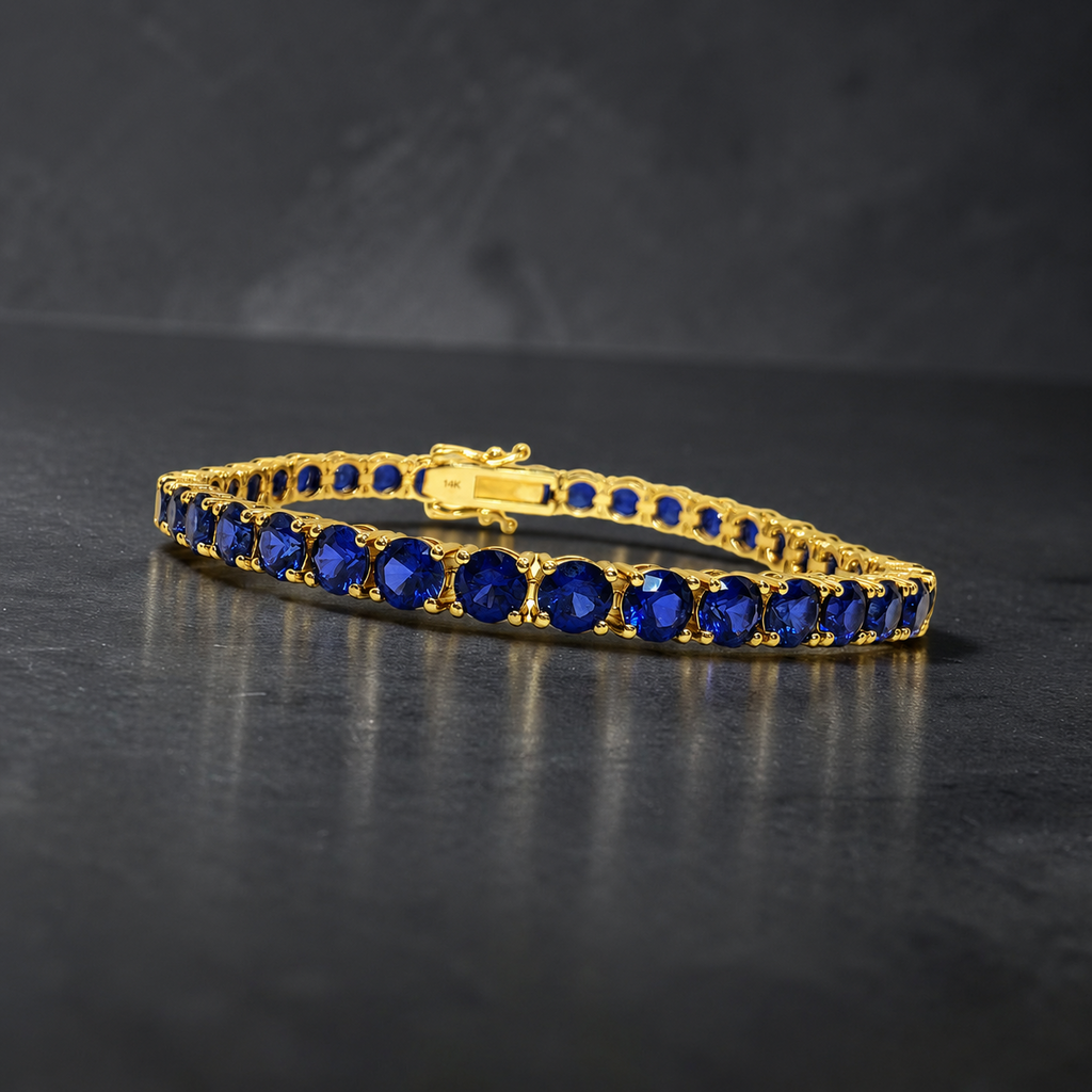 16 CTW Round Blue Sapphire Tennis Bracelet, in yellow gold, front view