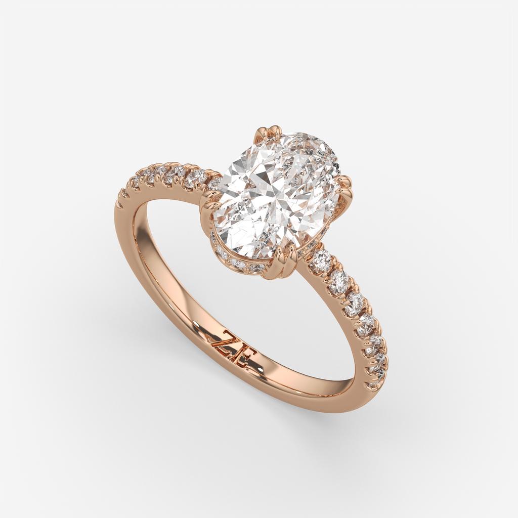 1.75 Ct D VS1 Oval Lab Grown Diamond Hidden Halo Engagement Ring, in rose gold, front view