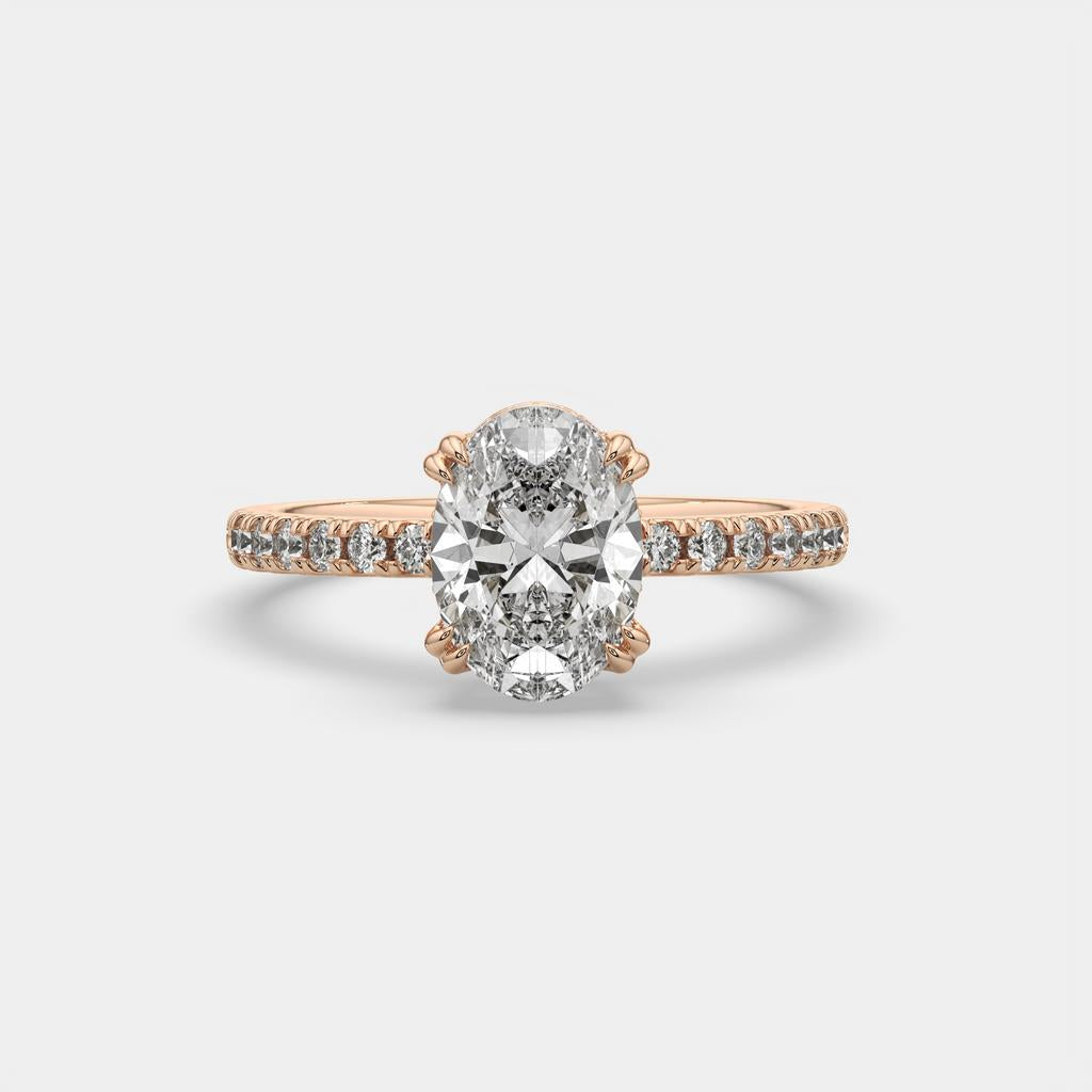1.75 Ct D VS1 Oval Lab Grown Diamond Hidden Halo Engagement Ring, in rose gold, front view