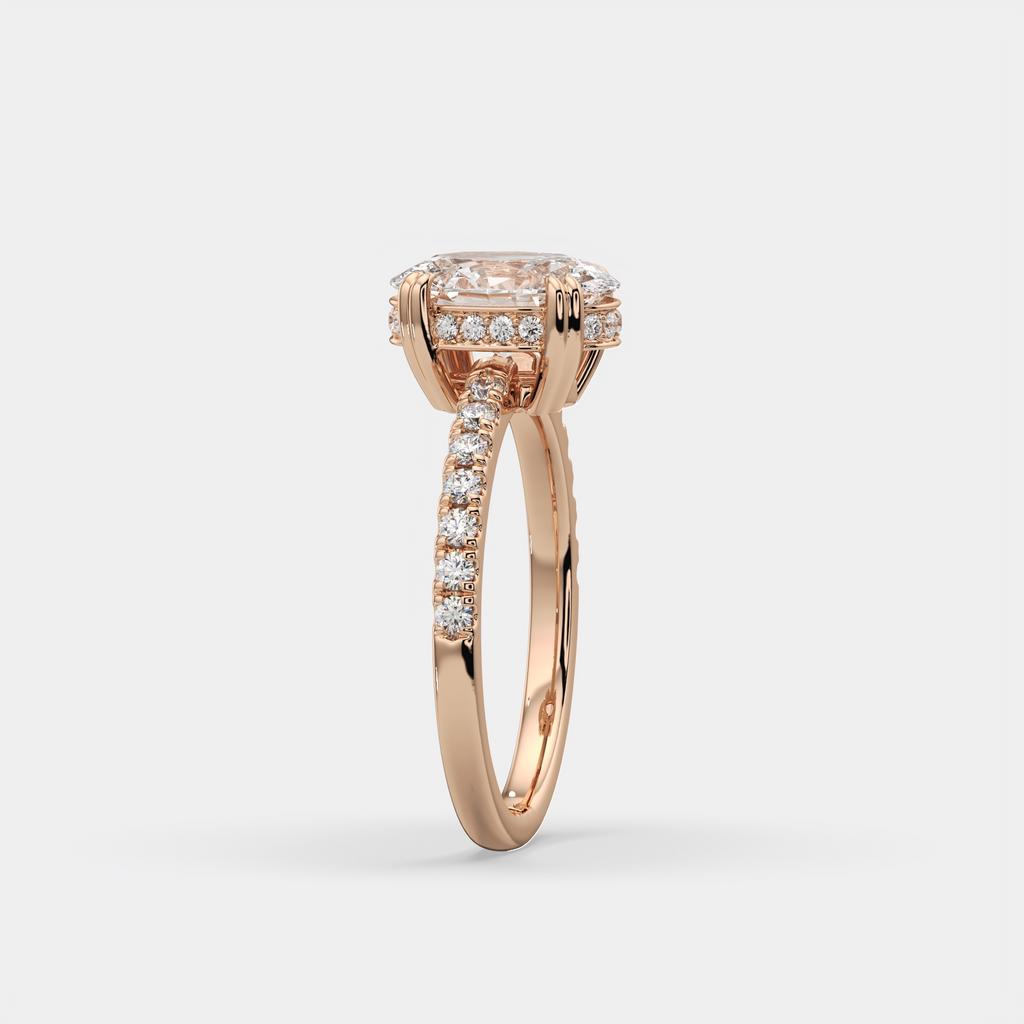 1.75 Ct D VS1 Oval Lab Grown Diamond Hidden Halo Engagement Ring, in rose gold, side profile