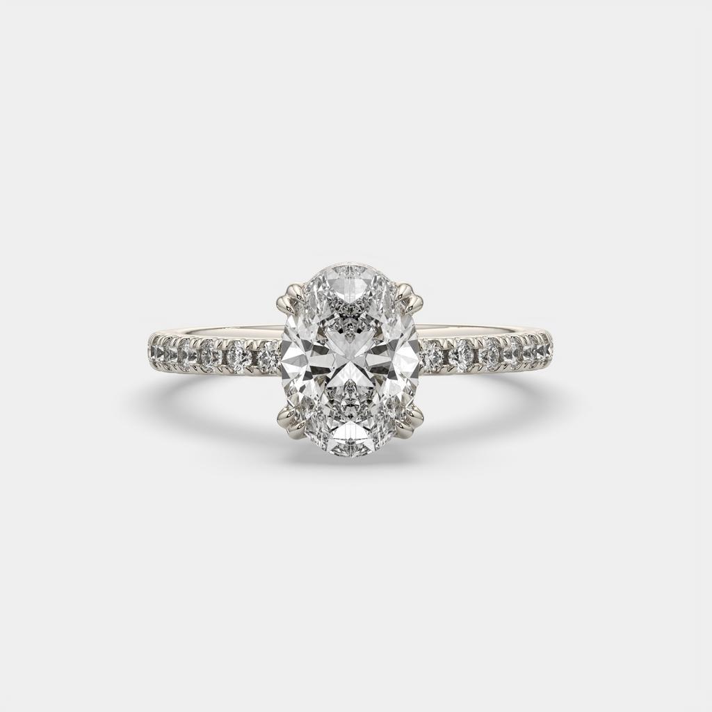 1.75 Ct D VS1 Oval Lab Grown Diamond Hidden Halo Engagement Ring, in white gold, front view