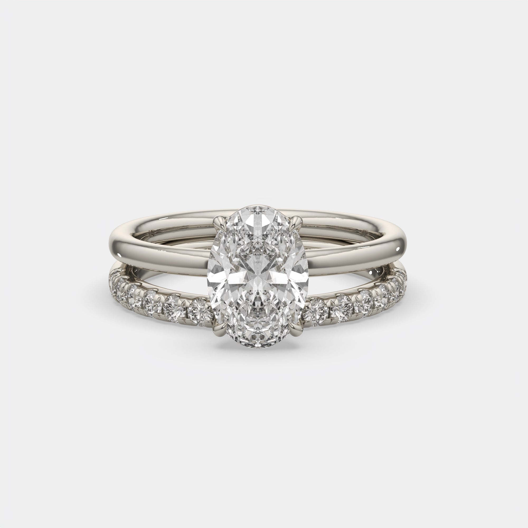 2.50 Ct D VS1 Oval Diamond Halo with Matching Band, in 14k white gold, engagement ring with matching band, front view