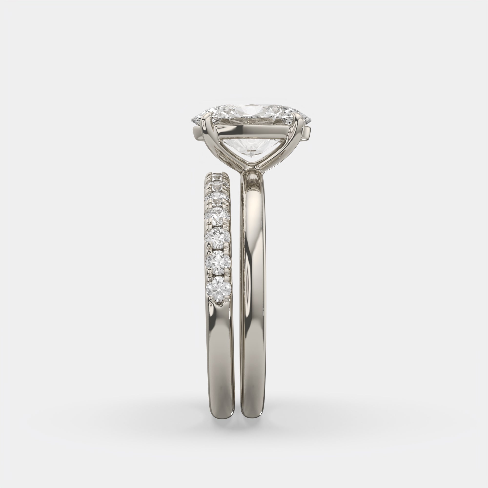 2.50 Ct D VS1 Oval Diamond Halo with Matching Band, in 14k white gold, engagement ring with matching band, side profile