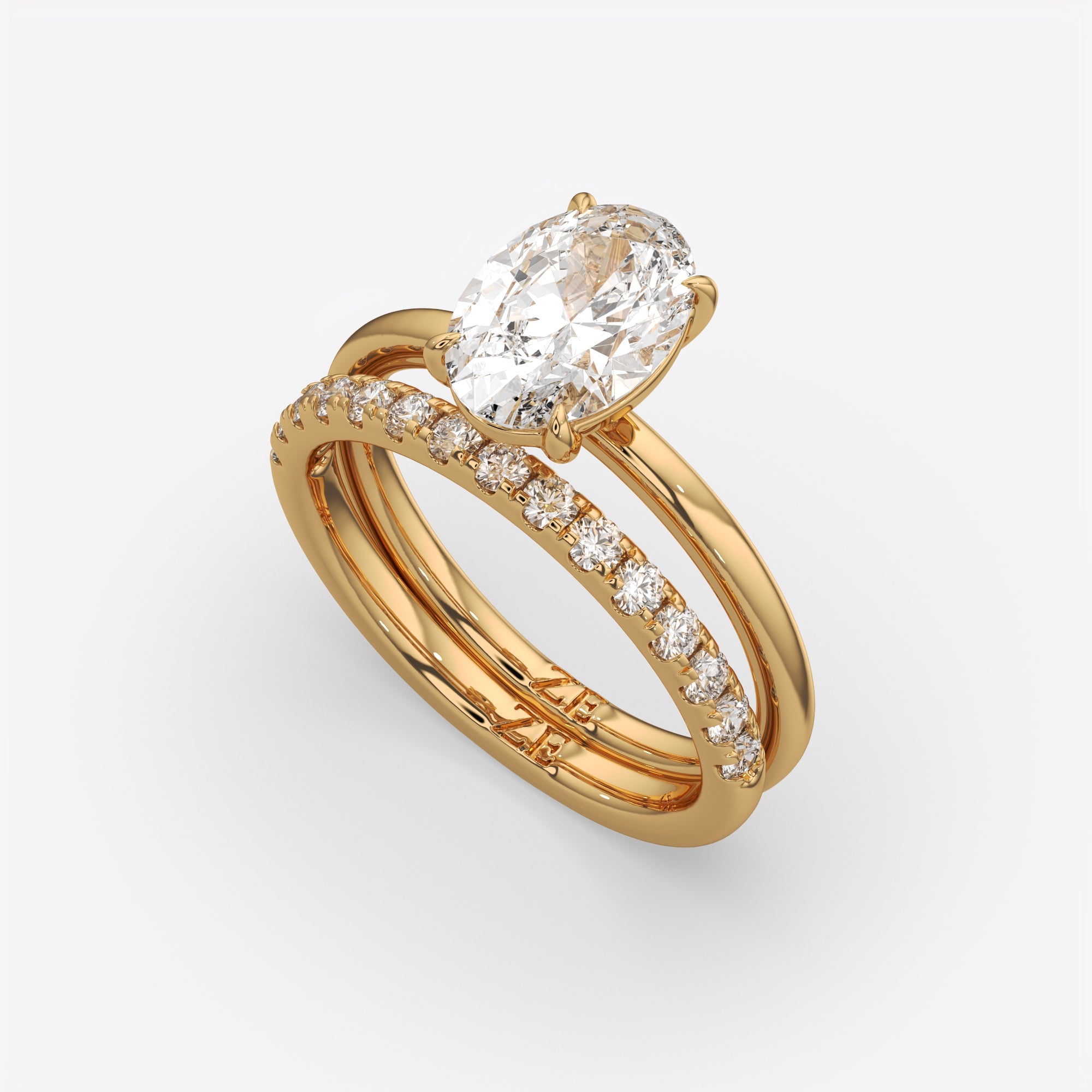 2.50 Ct D VS1 Oval Diamond Halo with Matching Band, in 14k yellow gold, engagement ring with matching band, three-quarter angle