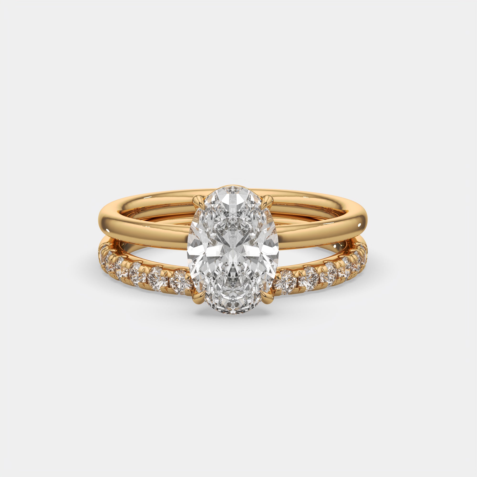 2.50 Ct D VS1 Oval Diamond Halo with Matching Band, in 14k yellow gold, engagement ring with matching band, front view
