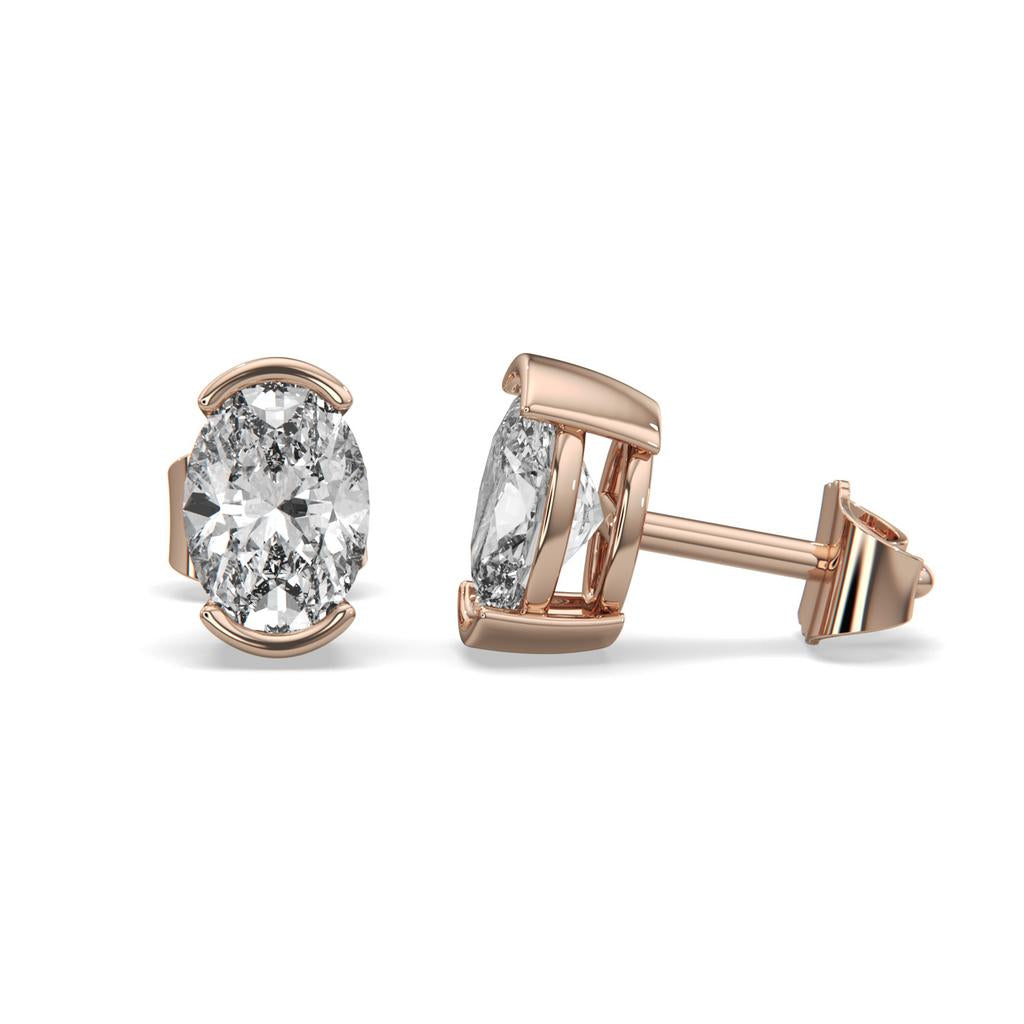 2.00 Ct D VS1 Oval Semi Bezel Diamond Studs, in rose gold, front view