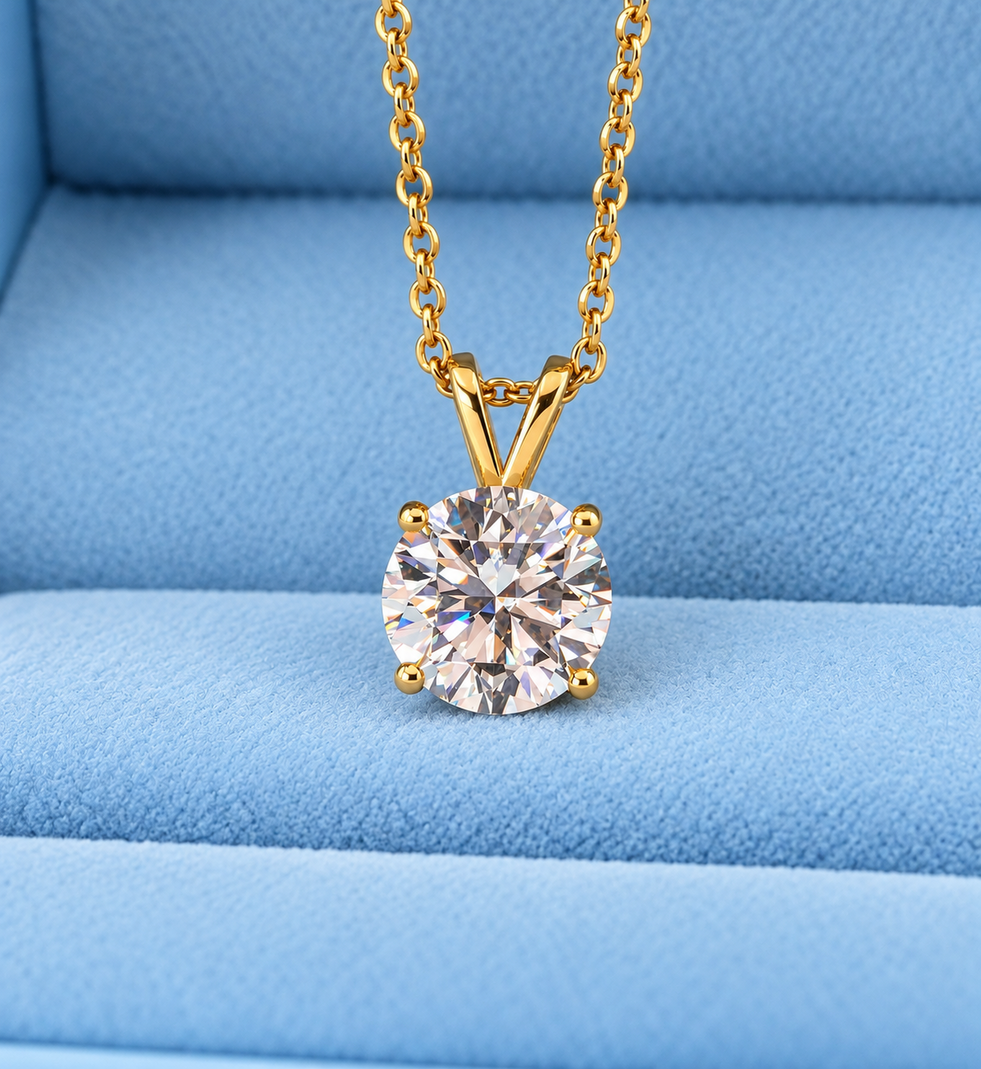 2.00 Ct D VS1 Round Brilliant Lab-Grown Diamond Solitaire Pendant, in yellow gold, front view