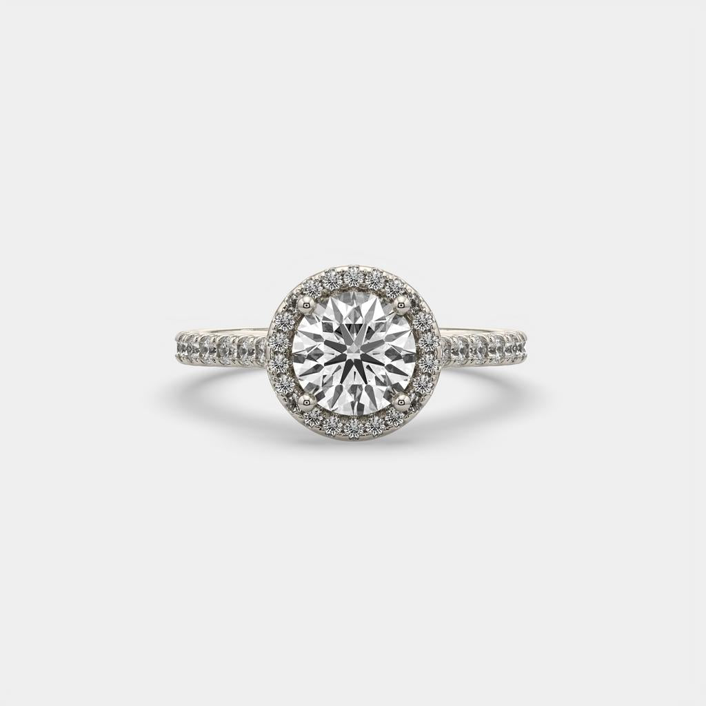 2.00 Ct D VS1 Round Lab-Grown Diamond Halo Ring with Round Accents, in white gold, top view