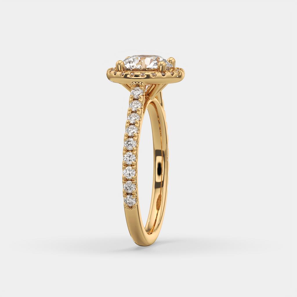 2.00 Ct D VS1 Round Lab-Grown Diamond Halo Ring with Round Accents, in yellow gold, side profile