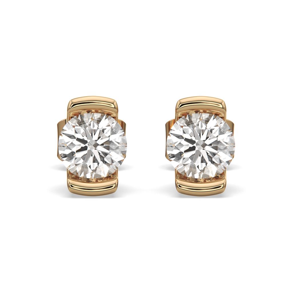 2.00 Ct D VS1 Round Semi Bezel Diamond Studs, in yellow gold, front view