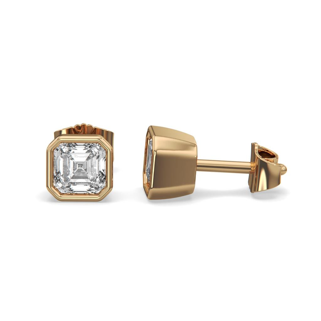 2.00 Ct E VS1 Asscher Cut Full Bezel Diamond Studs, in rose gold, front view